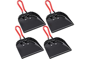 Uiifan 4 Pcs Industrial Metal Dustpans 12" Heavy Duty Dust Pan with Handle Commercial Dustpan Wide Scooper Dust and Debris Sweeping Tool Precision Edge Rubber Grip Loop Handle (Black)