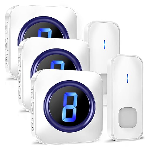Doorbell Wireless Waterproof Entry Door Chime with 1,300 FT Long Range Cordless Battery Operating with 2 Buttons 3 Plug in Receivers LED Flash Digital Display with 55 Chimes 5 Volumes Levels