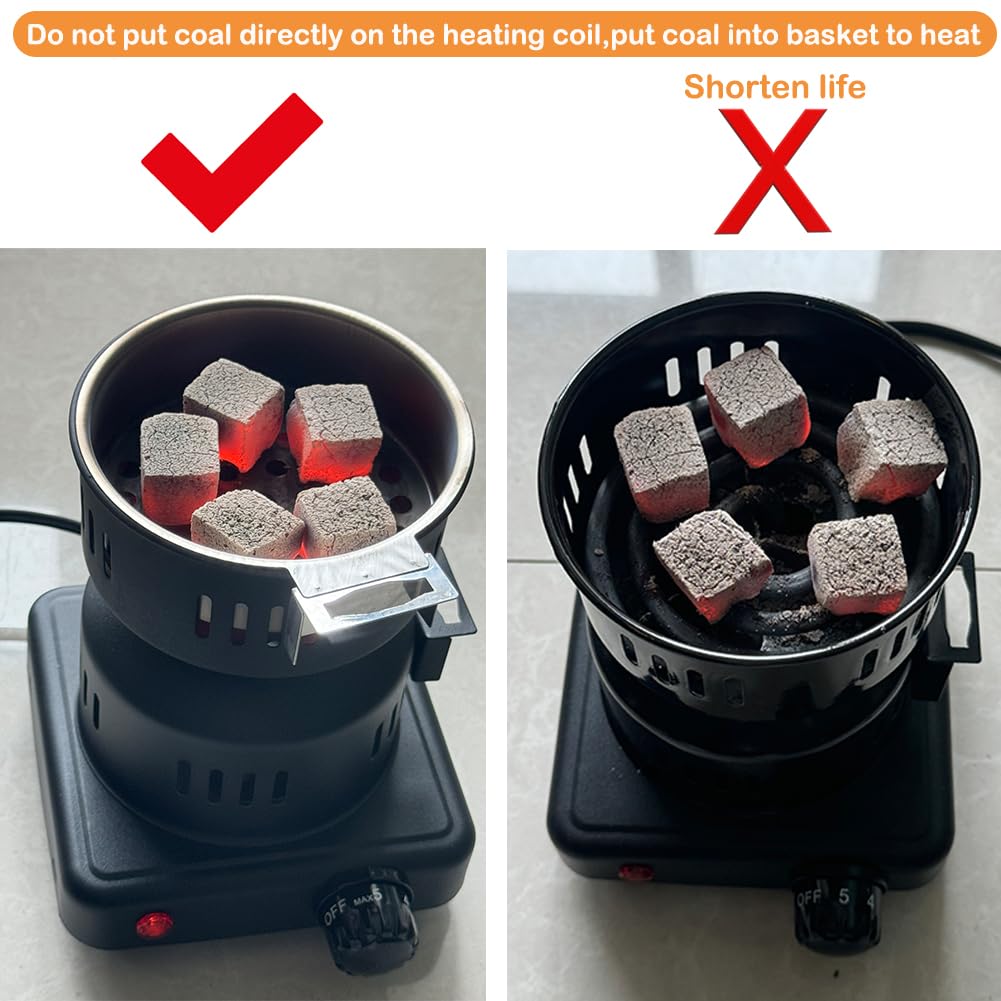 Multipurpose Charcoal Starter - Coal Burner Hot Plate Electric Stove Coconut Starter with Stainless Detachable Tongs, 4.9Ft Longer Cords, 600W Faster Heating for BBQ Kitchen etc.
