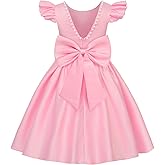 Uhnice Flower Girl Satin Dress with Pearls Flutter Sleeves V Back Gown with Removable Bow for Wedding Birthday Party