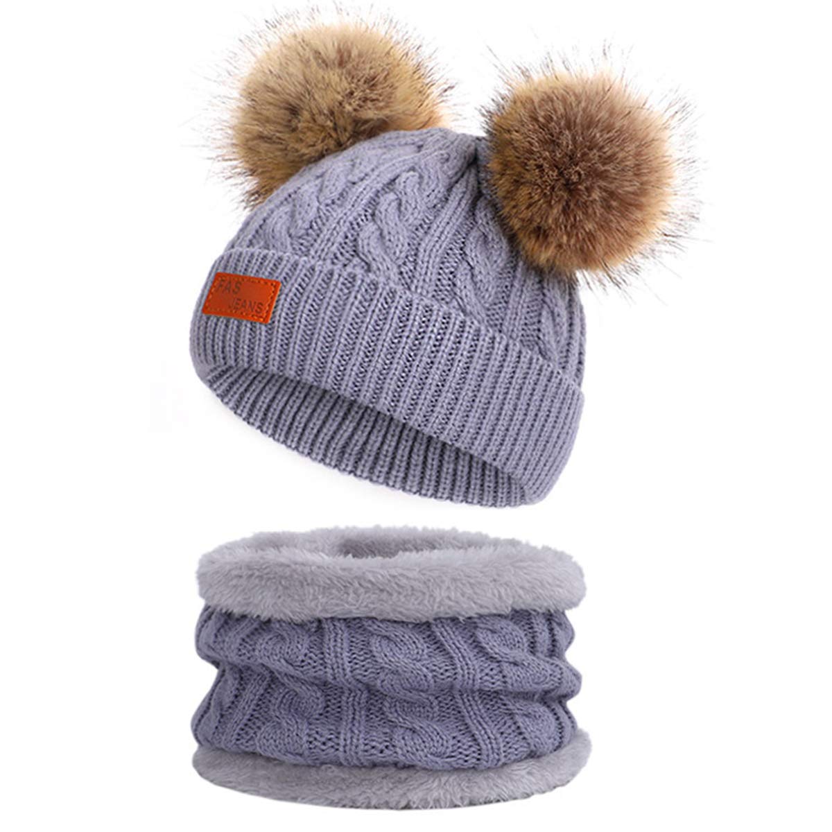 Yixda Baby Hat Scarf Set Girls Boys Warm Fur Bobble Beanie Hats - Grey - One size