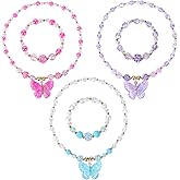 BAOBAOJOY3 Sets Princess Jewelry for Little Girls, Handmade Butterfly Kids Jewelry Set, Stretch Necklace Bracelets, Perfect for Dress Up, Birthday Parties, and Costume Play