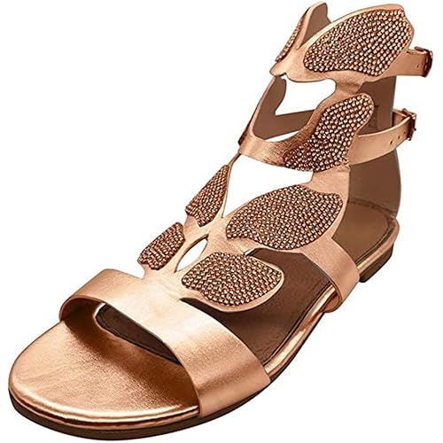 Women's Rhinestone Flat Sandals,Women's Open Toe Strappy Gladiator Roman Rhinestone Butterfly-Shape Covered Leaf Flame Wings Comfort Ankle Flat Sandal Shoes (43, Gold)