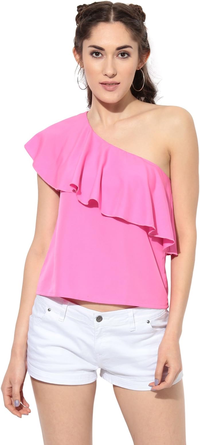 BESIVA Women's Pink One Shoulder Ruffle Solid Sleeveless Top