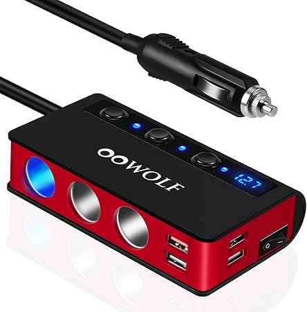 Amazon Oowolf シガーソケット 3連180wカーチャージャー シガーライターソケット付き 急速充電qc3 0 12 24v対応の車載充電器 4つusb充電ポート スマートic搭載 Led搭載 電圧表示 独立スイッチ 車用増設ソケット 分配器 粘着ステッカー付き 10aヒューズ付属 1