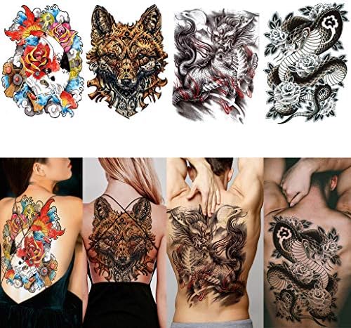 Amazon Co Jp Cargen タトゥーシール 防水刺青シール 鯉 狐 麒麟 蛇 アートステッカー 簡単に背中で貼り付ける入れ墨 大判4枚セット 480 340mm ビューティー