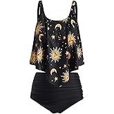 JMSUN Women Sun Stars Moon Flounce High Waisted Tankini Swimsuit