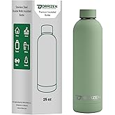 ORRIZEN 25oz Stainless Steel Insulated Water Bottle – Narrow Mouth Sports Flask, Double Wall Vacuum Travel Flask, Leak-Proof Reusable BPA-Free Cold & Hot Drink Bottle for Gym. (Bean Green)