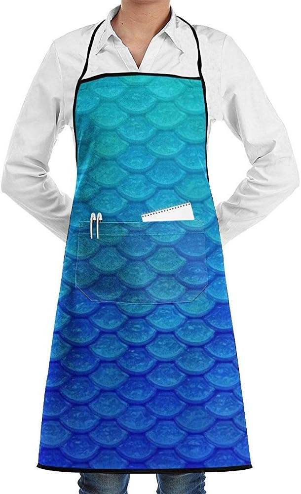 VFBGF Fashion Adjustable Extra Long Ties Ocean Sea Blue Mermaid Fish Apron with Pocket, Women Men Waterproof Protection Aprons