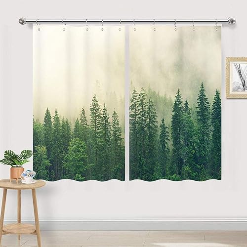 Forest Kitchen Curtain, Fog Woods Trees Nature Landscape Forest Pine Tree Window Curtain Panel, Nature Scene Tree Kitchen Window Drapes, Camper Trailer Window Treatment Sets with Hooks, 55X39 in