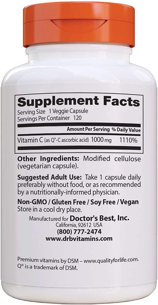 Doctor's Best Vitamin C with Quali-C 1000 mg, Non-GMO, Vegan, Gluten Free, Soy Free, Sourced from Scotland, 120 Veggie Caps: Health & Personal Care