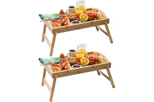 BAMBITION 2 Pack Bed Tray Tables, Bamboo Breakfast Serving Trays with Folding Legs and Handles, Wood Lap Tray Table for Eatin