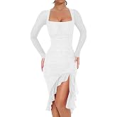 BORIFLORS Women's Sexy Ruched Bodycon Midi Dresses Elegant Mesh Long Sleeve Square Neck Ruffle Hem Cocktail Party Dress