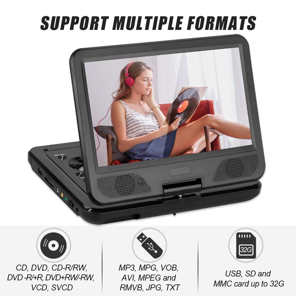 DR. J Professional 12.5" Portable DVD Player with 5 Hours Rechargeable Battery, 10.1" Internal