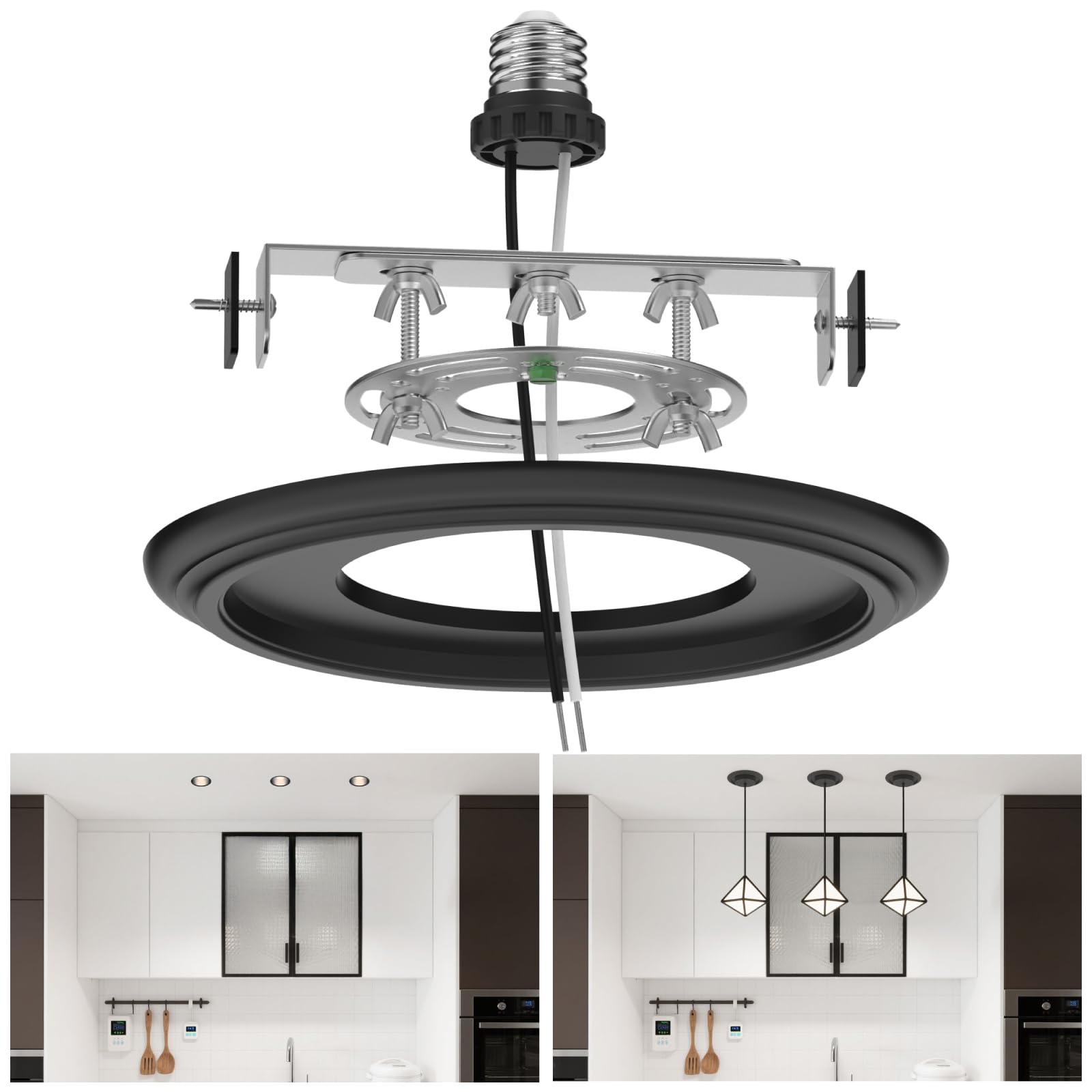 Photo 1 of YIIZON Recessed to Pendant Light Converter Kit - 6 Inch Can Light Conversion, Includes E26 Socket, Mounting Bracket, Round Ceiling Plate & 3D Black Cover