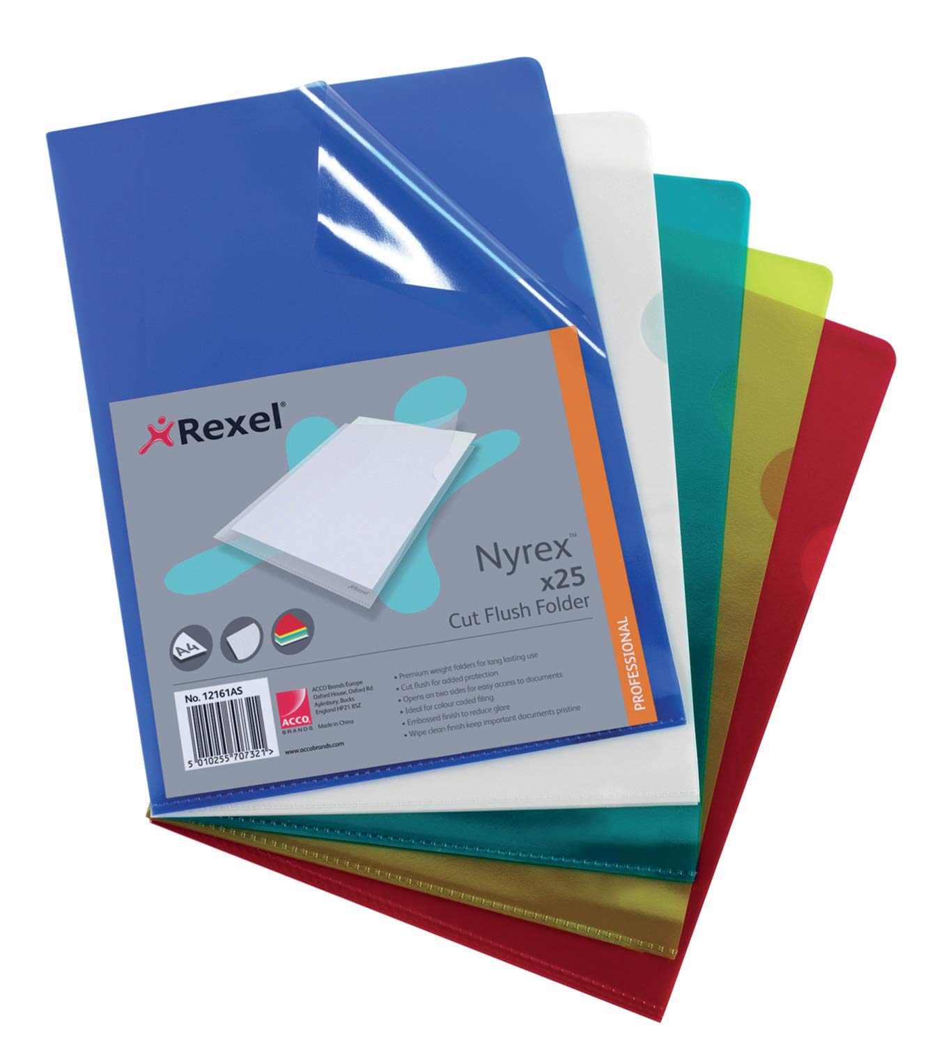 Rexel Nyrex Premium A4 Document Folder, Assorted Colours, Embossed, 100mic, Cut Flush, L-Folder, Pack of 25, 12161AS