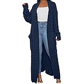 HRESSLBD Womens Thin Stylish Cable Knit Dual Extra Long Maxi Cardigan with 2-Pockets