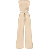 PRETTYGARDEN Womens Summer Outfits 2 Piece Sets Casual Ribbed Knit Crop Tube Top Wide Leg Pants Spring Matching Lounge Set