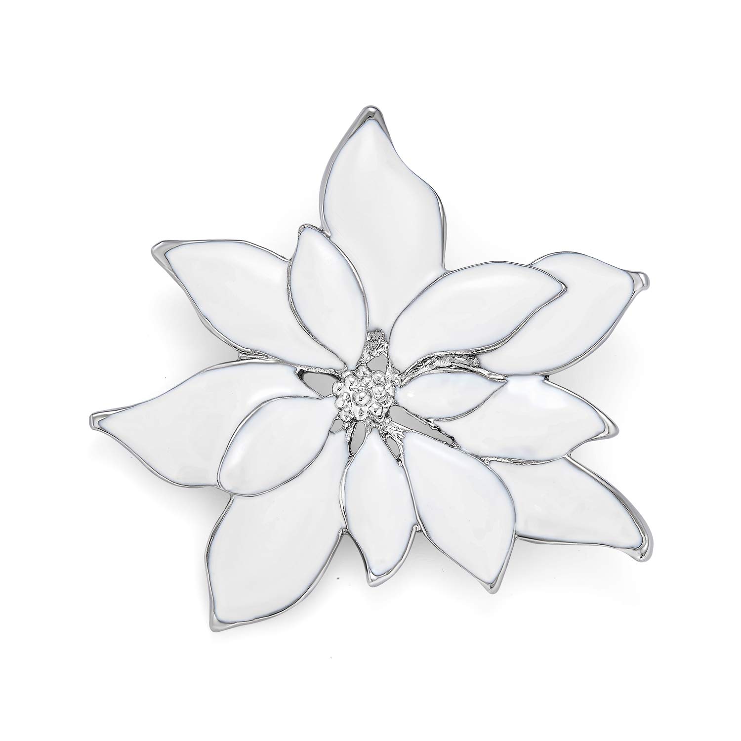 Large Statement Flower Holiday Party Poinsettia Brooch Christmas Scarf Pin for Women - White Enamel, Silver Plated Edge — image 1