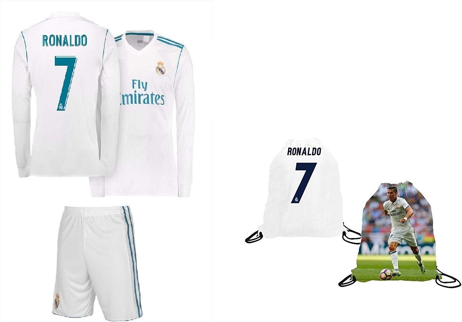 RAMFC Real Madrid Home Ronaldo Kids #7 Soccer Kit Jersey and Shorts 4 IN 1 MULTIPLE GIFT KIT All Youth Sizes