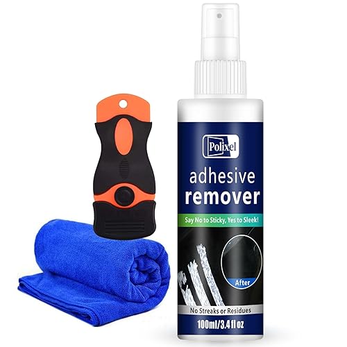 POLIXEL Adhesive Remover Decal & Sticker Removal Spray to Remove Glue, Labels, Residue on Windows & Bumpers of Car, Home & Boat with Scraper Tool - 3.4 oz/100ml