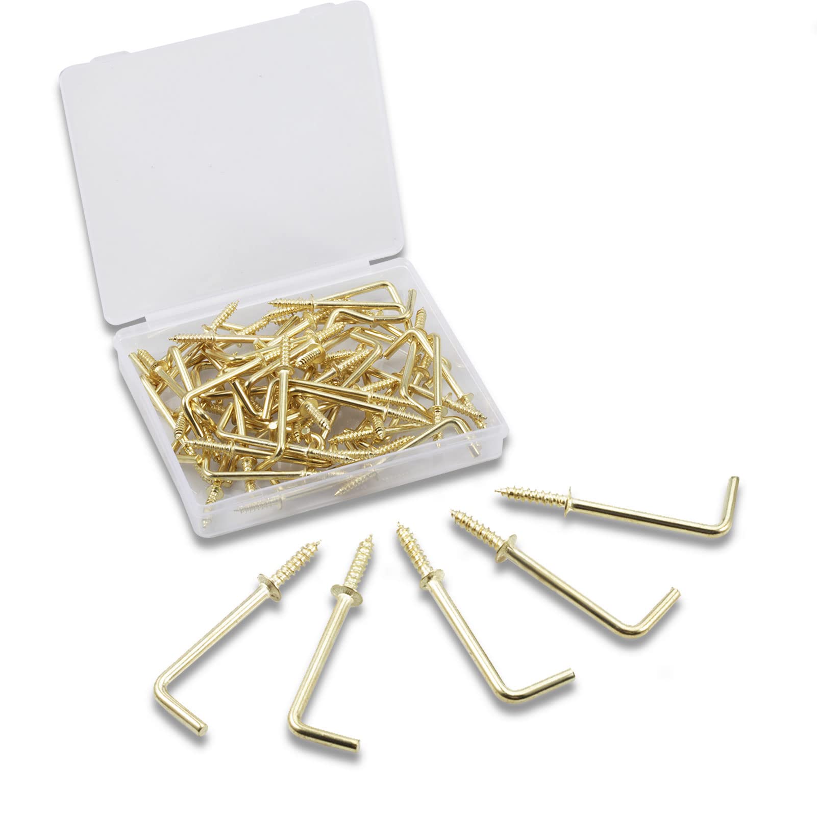 SPEEDWOX 50PCS Right Angle Screws Hook 1-1/2 Inch, Screw-in Square Bend Hooks, L Shape Nail Hook Fastener Accessories with Storage Box for Home, Office and Workplace