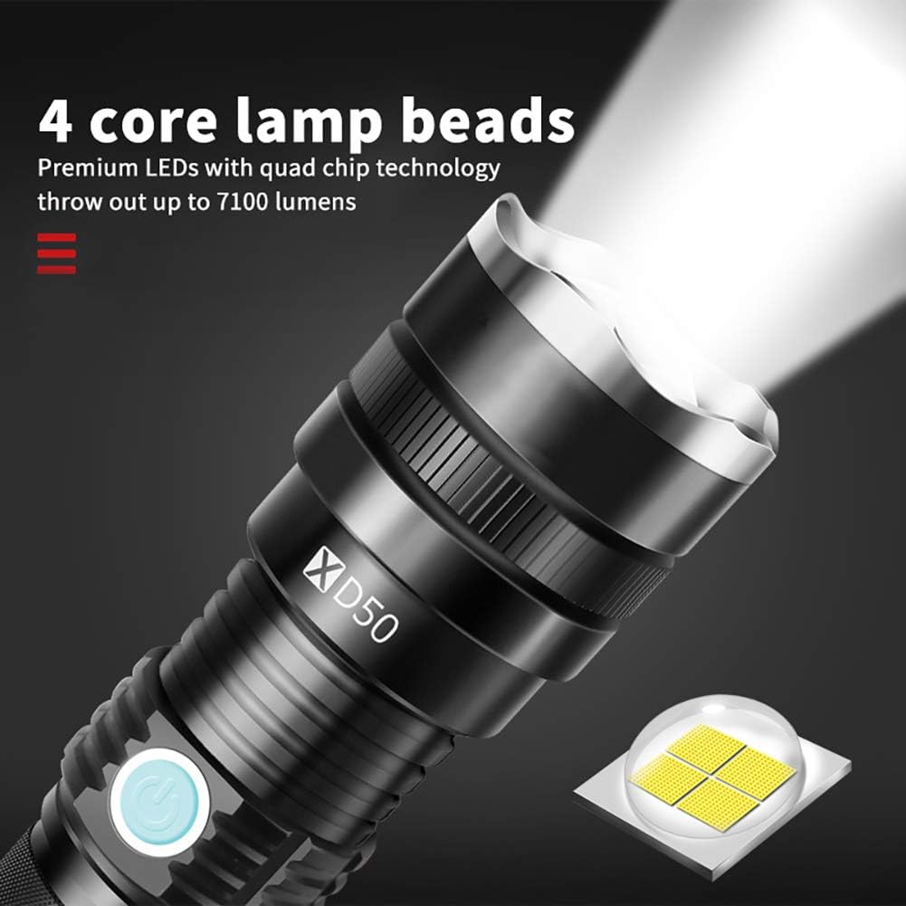 Handheld Flashlight 7100 Lumen with 26650 rechargeable Batteries LED Tactical Flashlight Zoomable 2 Modes Adjustable Focus Water Resistant for Camping Hiking Outdoor Biking Emergency - - 