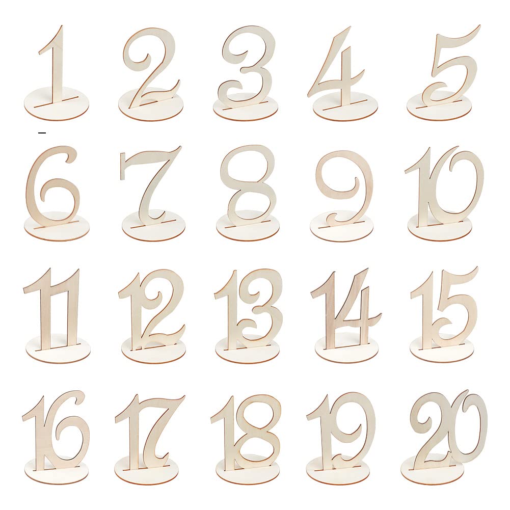 FINGERINSPIRE 20PCS Wood Table Numbers with Holder Base (10cm) Tall Wooden Numbers 1-20 Number Shape Wooden Table Decoration Wedding Party Reception Seat Numbers for Party Catering Event