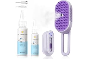 VVWVVW Steam Brush for Cat & Dog – 3-in-1 Spritz Pet Spray Hair Removal Comb for Grooming & Shedding Steam – Water Brush for Long & Short Haired Pets– Includes Two Bottles Waterless Shampoo
