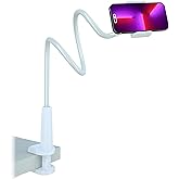 Cell Phone Clip Bed Stand Holder, with Grip Flexible Long Arm Gooseneck Bracket Mount Clamp for Desk, Compatible with iPhone 14 Pro Max XR X 8 7 6 or Other 3.5-7" Devices (White)