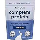 NativePath Complete Beef Protein Powder Isolate – Grass-Fed, Pasture-Raised, Dairy & Lactose Free, Gluten Free, Zero Sugar, MCTs & Amino Acids – 20g Protein, Vanilla Flavor, 30 Servings