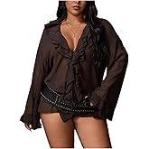 WDIRARA Women's Plus Size Ruffle Long Bell Sleeve Blouse Tie Front V Neck Sheer Tops