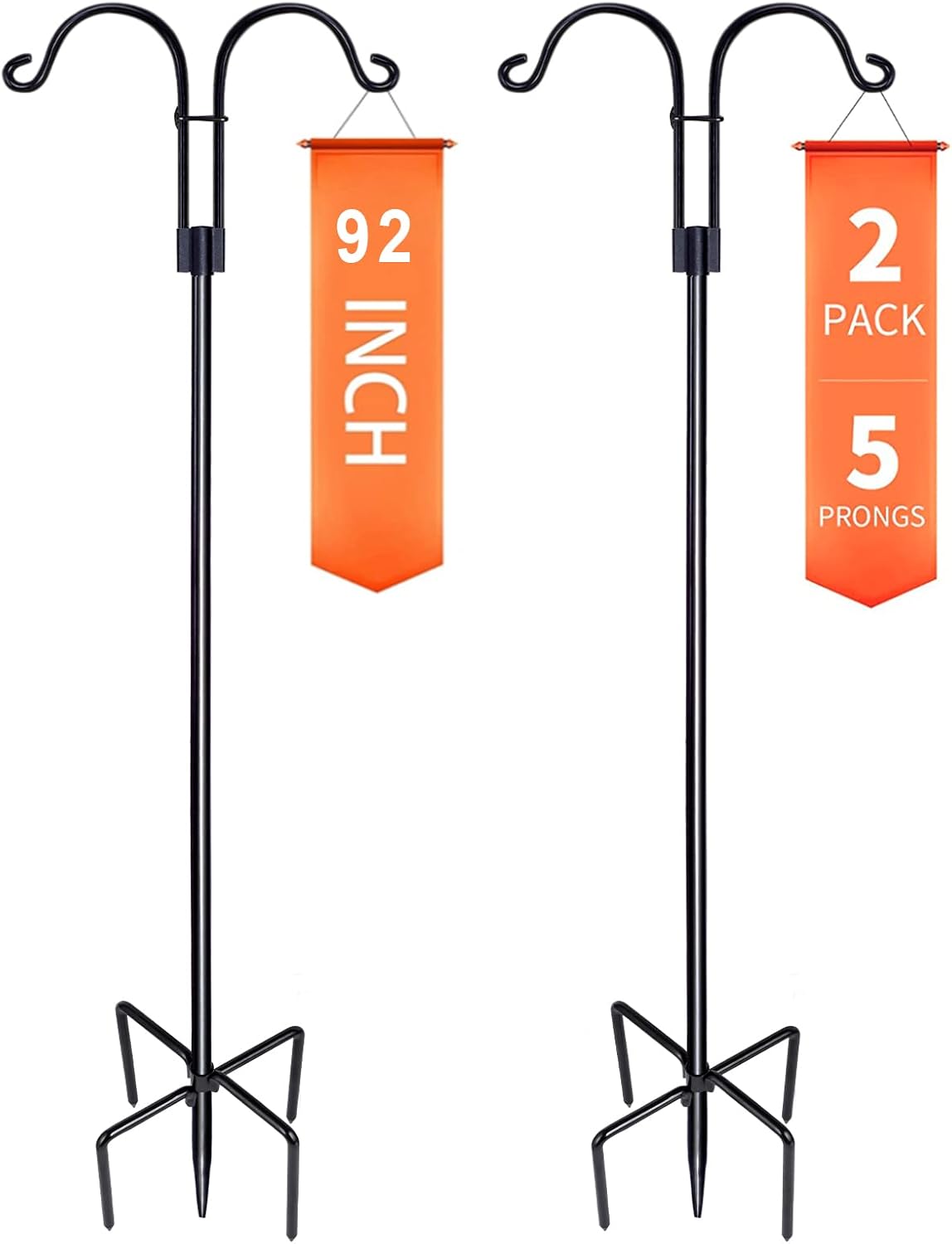 Outdoor Shepherd's Hooks - XDW-GIFTS Double Shepherds Hooks for Outdoor, 2-Pack Heavy Duty Two Sided Garden Pole for Hanging Bird Feeder, Plant Baskets, Solar Light Lanterns, Garden Plant Hanger Stands with 5 Base Prongs
