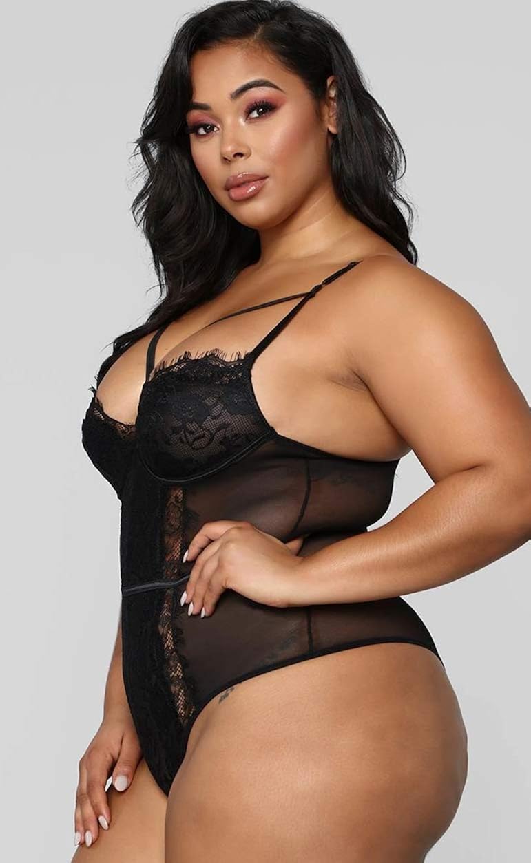 Plus Size Lingerie for Women Sexy Eyelash Lace Bodysuit Naughty Mesh One Piece Teddy Outfits: Clothing