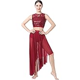 ODASDO Lyrical Dance Costume for Women Sequin Lace Floral Crop Top Asymmetrical Flowy Mesh Tulle Skirt 2pcs Outfit