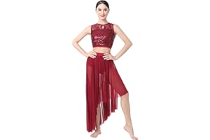 ODASDO Lyrical Dance Costume for Women Sequin Lace Floral Crop Top Asymmetrical Flowy Mesh Tulle Skirt 2pcs Outfit