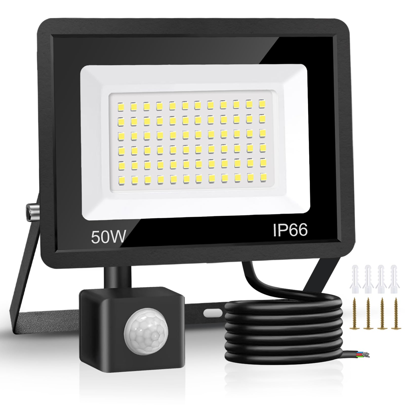 Jsdoin 50W Security Lights Outdoor Motion Sensor 4500 Lumen PIR Security Light 6500K LED Floodlights IP66 Waterproof Outside Daylight Wall Light with 2M Cable for Garage Garden Hallway Backyard