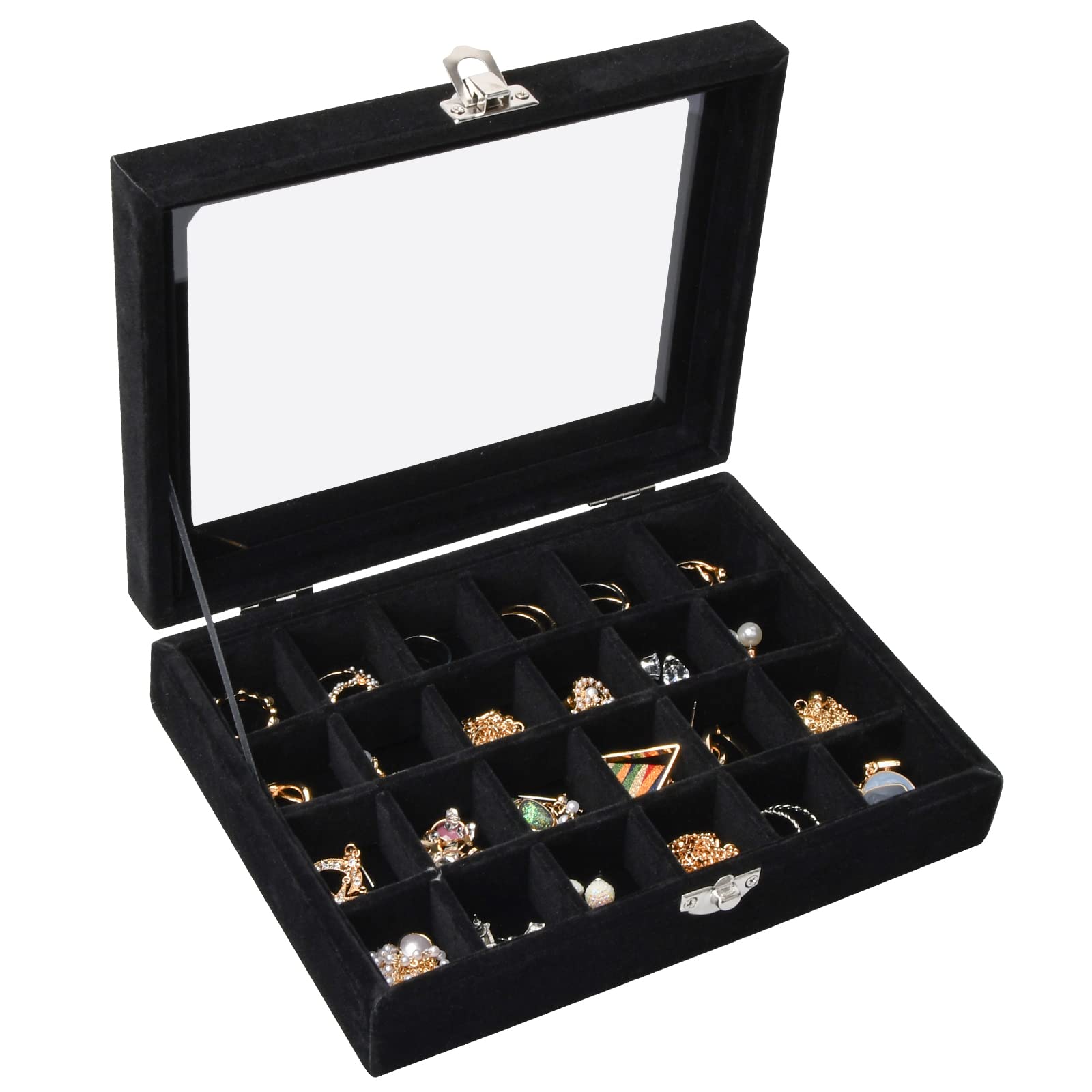 24 Grids Velvet Jewellery Tray, Detachable Jewelry Showcase Box, Earring Storage Box With Compartments, Clear Lid Jewellery Display Box Tray For Ring Brackets Necklace Holder Organizer Tray (Black)