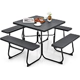 Tangkula 8 Person Square Picnic Table with 4 Built-in Benches, Black | Waterproof HDPE, 2300lbs Capacity, 1.9" Umbrella Hole, Heavy Duty Metal Frame, Wood-grain Surface, for Backyard, Pool, Deck