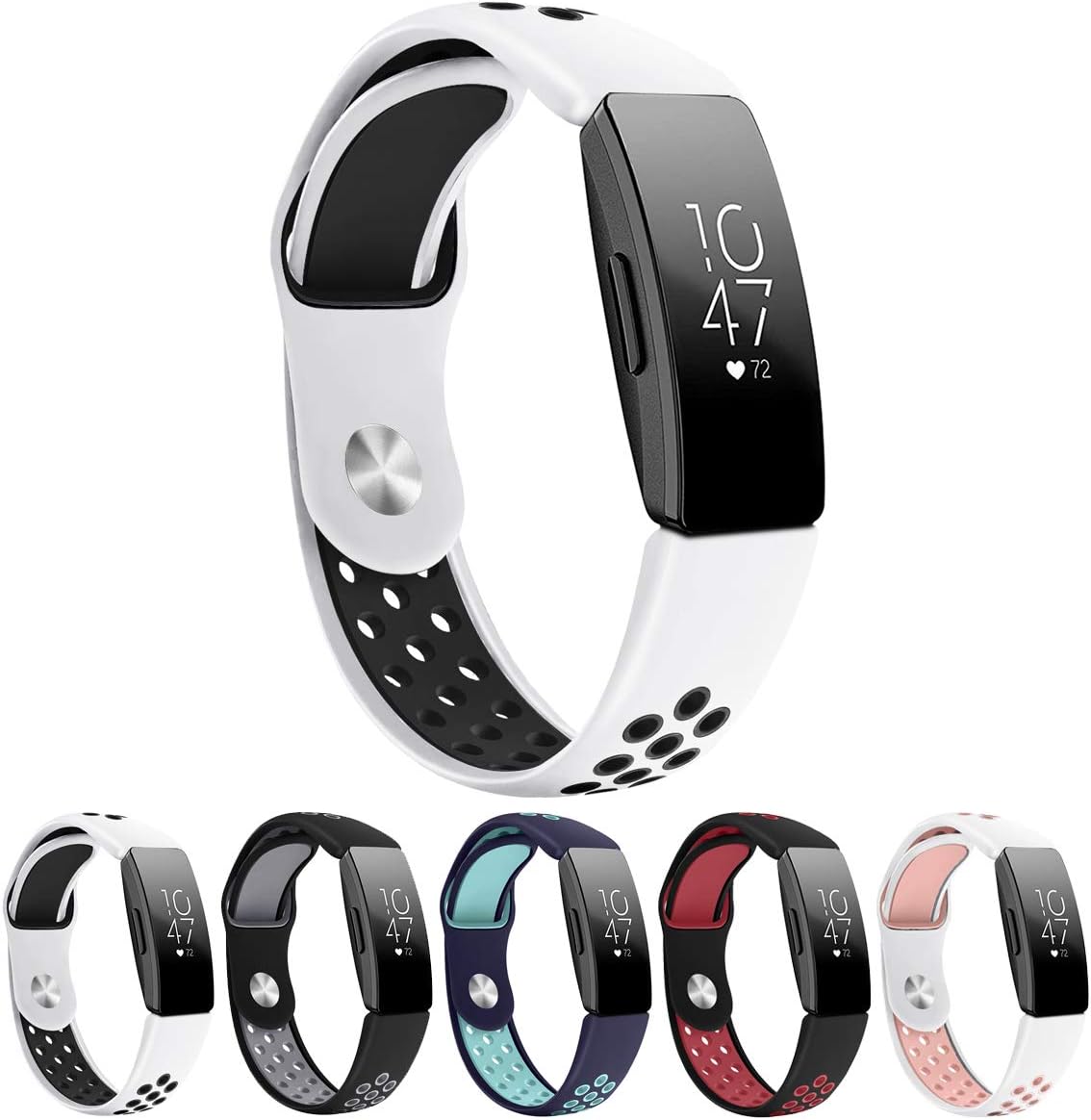 Silicone Sport Bands Compatible with Fitbit Inspire Bands & Inspire HR, Soft Breathable Replacement Wristbands Accessories Air Holes for Women Men,(5.5" - 7" White Black)