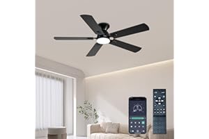 GJeg Ceiling Fans with Lights, 52 Inch Low Profile Ceiling Fan with Light and Remote/APP Control, Noiseless, LED Dimmable DC Reversible 6 Speeds Ceiling Fan, Flush Mount Black Ceiling Fan for Bedroom