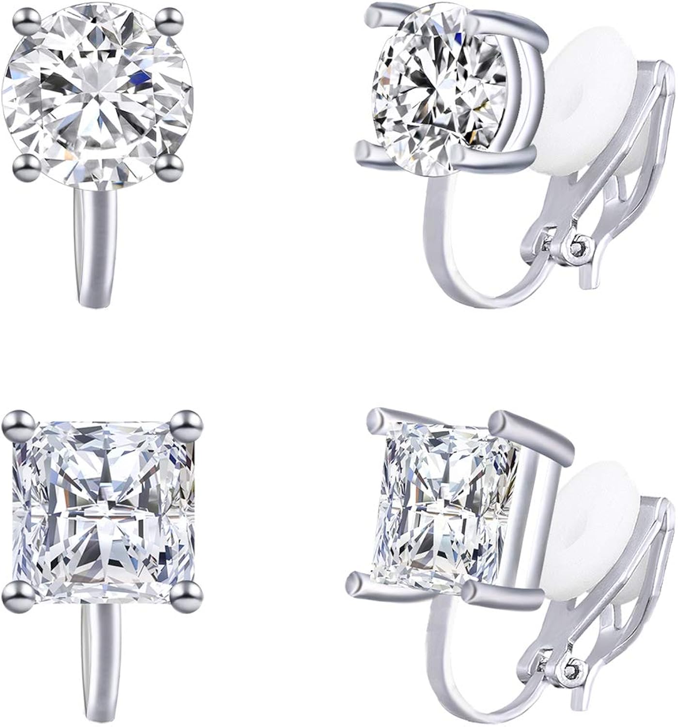 QUKE 2 Pairs Clip On Stud Earrings 8MM Cubic Zirconia Crystal Clip On