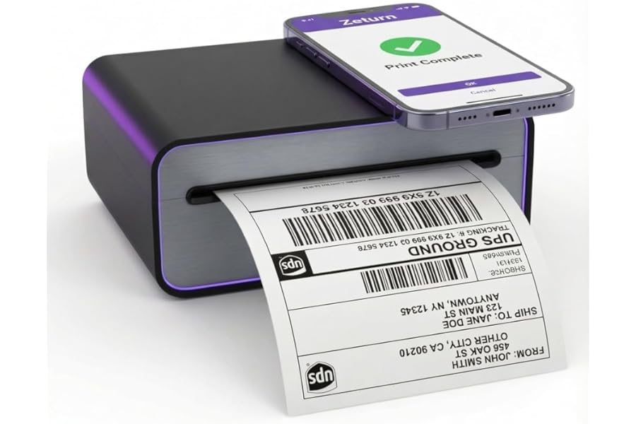 Zeturn 4x6 Thermal Shipping Label Printer - Wireless Bluetooth, Rechargeable Battery, No Ink Needed - for iPhone, Android, Home