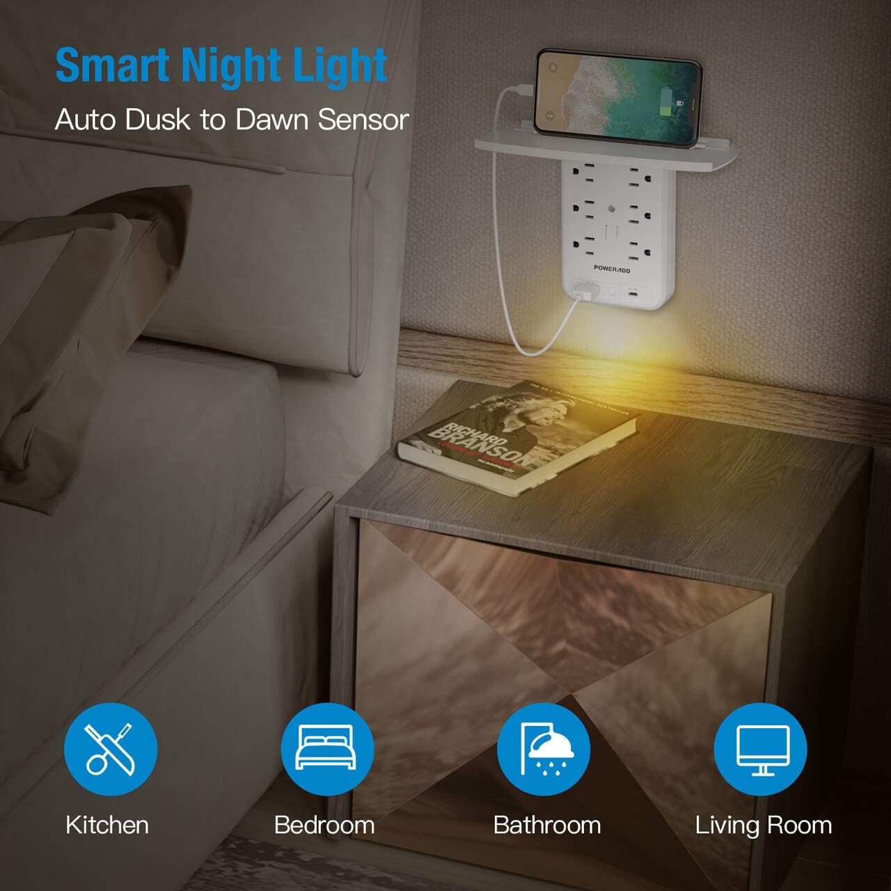 Socket Shelf Wall Outlet, POWERADD 6 Outlet Extender Surge Protector with USB C PD 18W Fast Charging Ports, Multi Plug Outlet with Removable Built-In Shelf and Smart Night Light for Bathroom/Home/Dorm: Home Audio & Theater