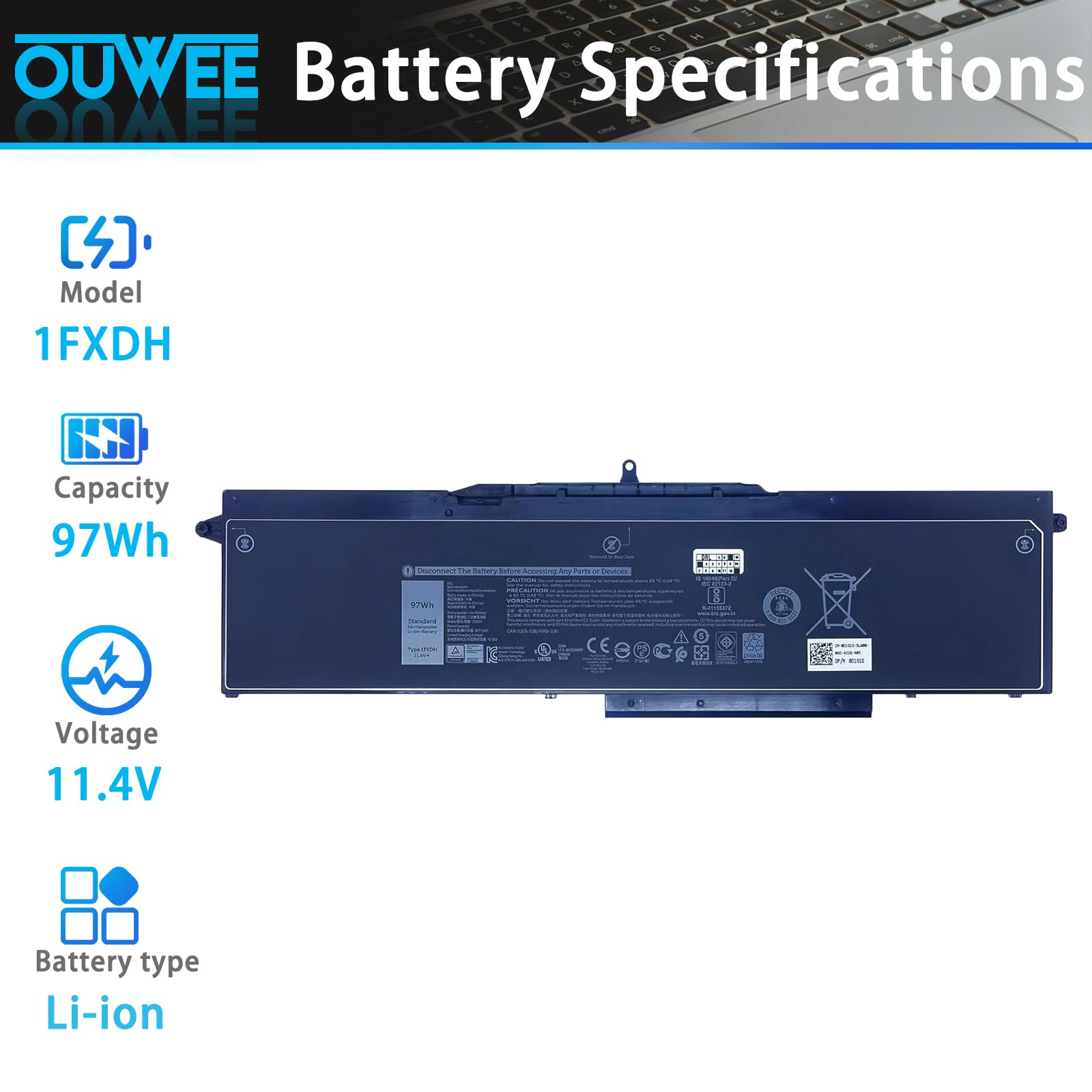 Condition photo showing New/Like New for ouwee 1fxdh laptop battery compatible with dell latitude 15 5501 5511 precision 3541 3551 series not