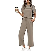 WIHOLL Two Piece Sets for Women Summer Spring Travel Vacation Outfits Short Sleeve Lounge Sets Side Slit Wide Leg Pants S-3XL