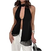 OYOANGLE Women's Split Hem Mesh Sheer Halter Tops Open Back Asymmetrical Hem Wrap Shirts