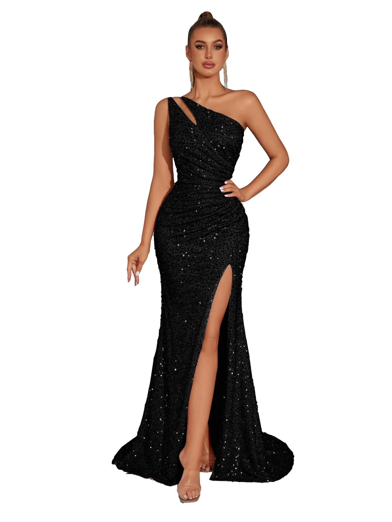 View 1 of ******* ADYCE Evening Gowns Formal Dresses for Women Cocktail Party Sequin Tulle Sexy One Shoulder Floor Length Prom Wedding Guest Dress Black M