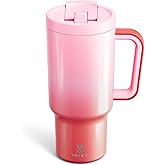 Meoky 32 oz Tumbler with Handle and Flip Straw, 100% Leakproof Tumbler with Lid and Straw, Stainless Steel Insulated Cup, Cupholder Friendly, Keeps Cold for 24 Hours (Flamingo)