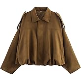 Xunger Women's Faux Suede Bomber Jacket Spring Lapel Pilot Coat Casual Oversized Long Sleeves Trendy Streetwear Outerwear